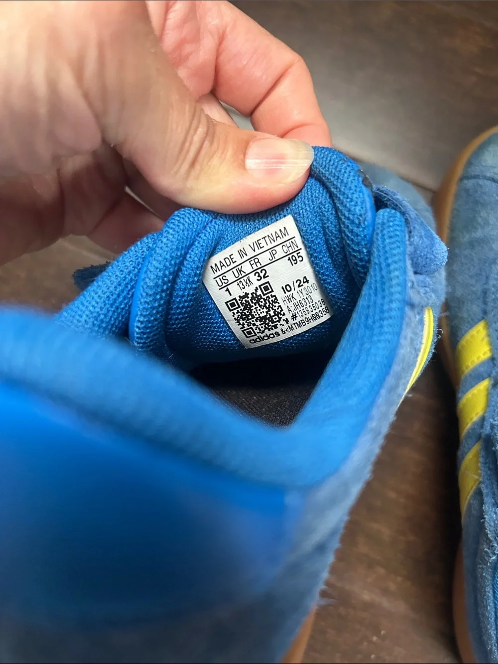 Kids adidas Blue Suede Sneakers with Yellow Stripes